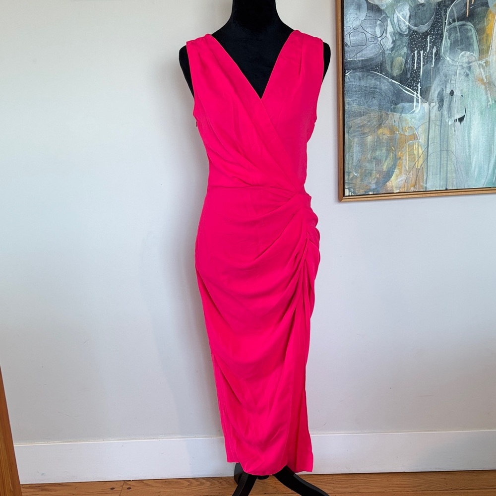 Amanda Uprichard Vivid Hot Pink Rushed Midi Dress